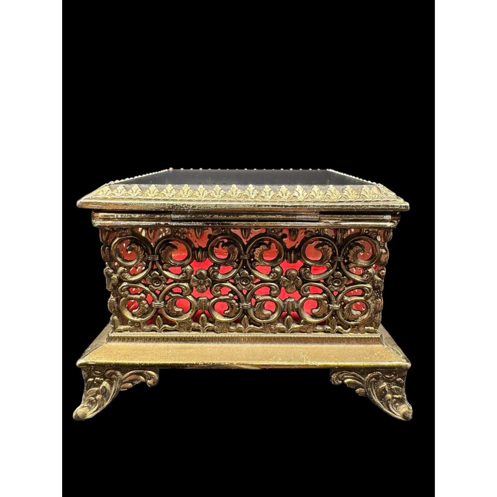 Antique Gold Tone Filigree, Glass Topped Jewelry/ Trinket Box